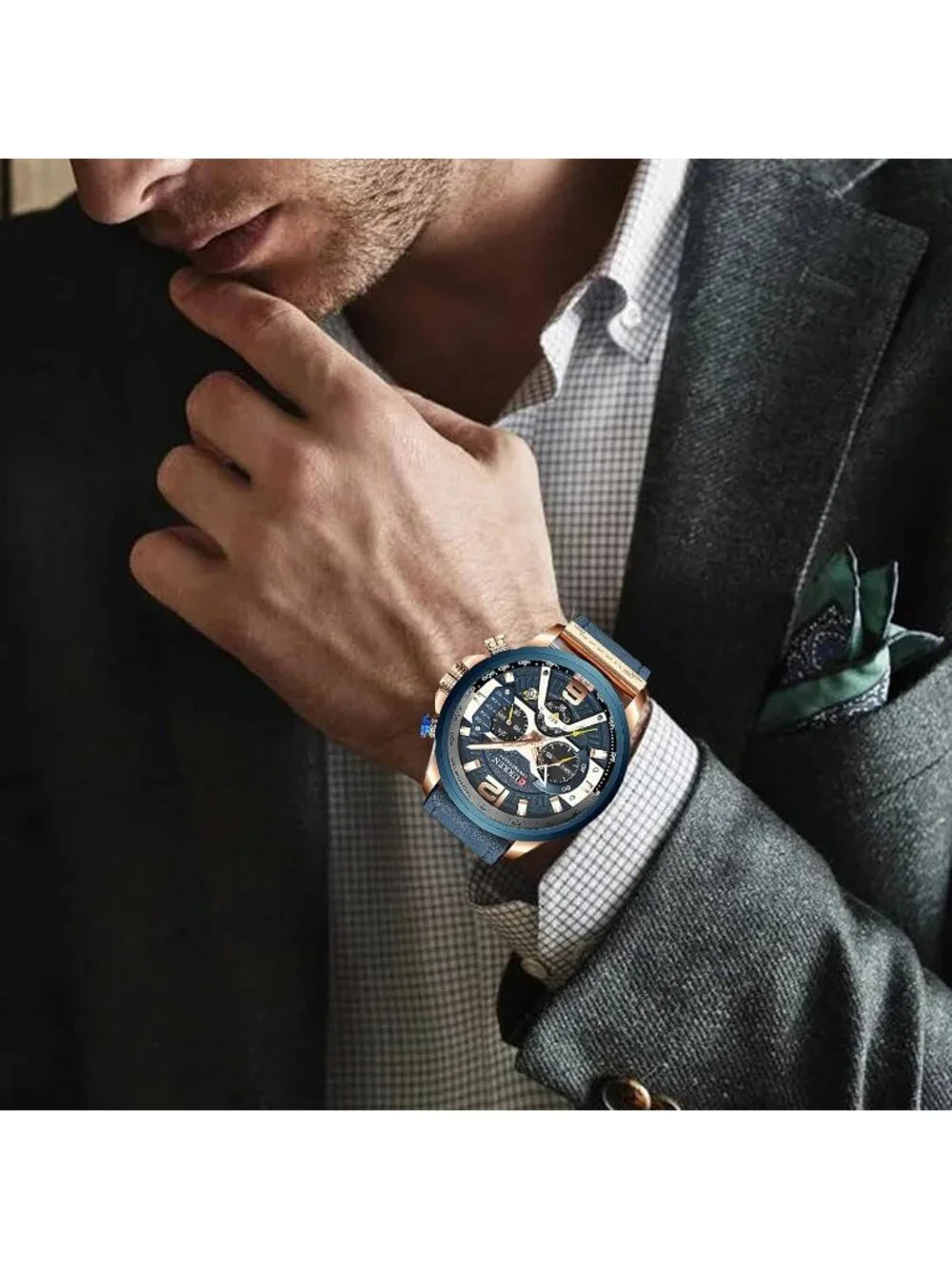 Men's Blue Rose Gold Analog Waterproof Leather Strap Chronograph Luxury Watch